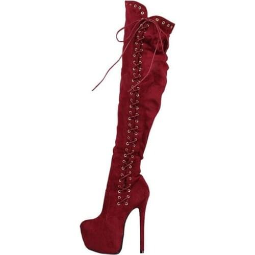 Women red pleated wrinkle boots narrow band lace up shoes red wine high boots leather burgundy boots platform high increasing