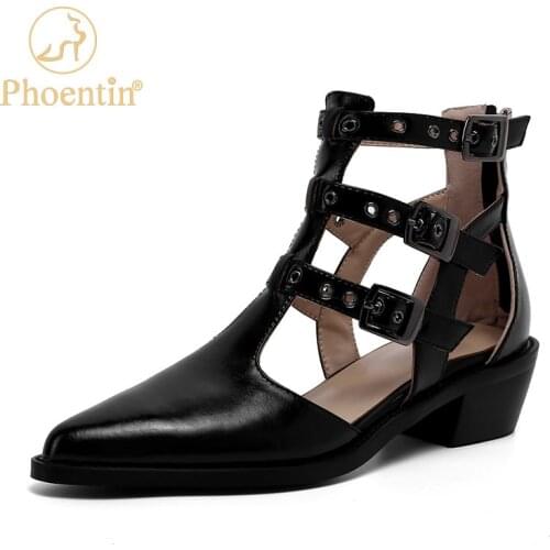 Phoentin Black Cowgirl summer boots back zip Genuine Leather Roman Gladiator Sandals Women 2021 New mid Chunky Heel Shoes FT1471