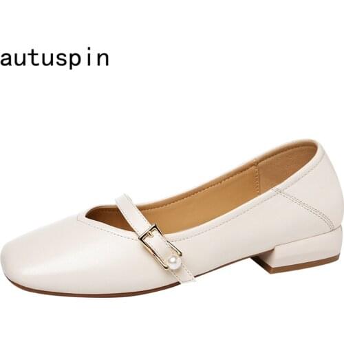 Autuspin Womens Autumn Shoes Fashion Genuine Cow Leather Buckle Pumps Office Lady Casual Thick Heels Dress Prom Shoes Handmade