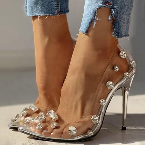 Woman Shiner Rhinestone Studs Transparent PVC Pumps Silver Thin High Heels Crystal Rivets Pointed Toe slip on Single Shoes