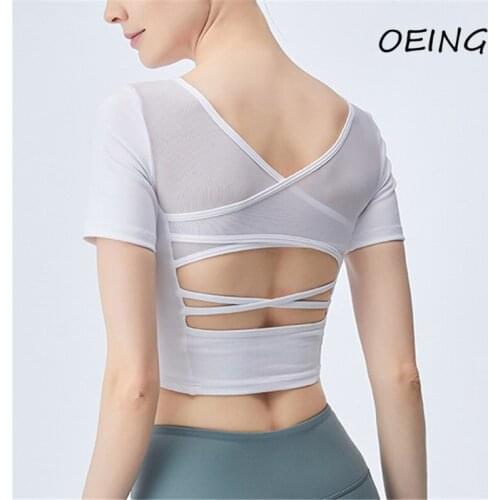 Women Short Sleeve Crop Tops with Underwear Open Back Seamless Workout Tops