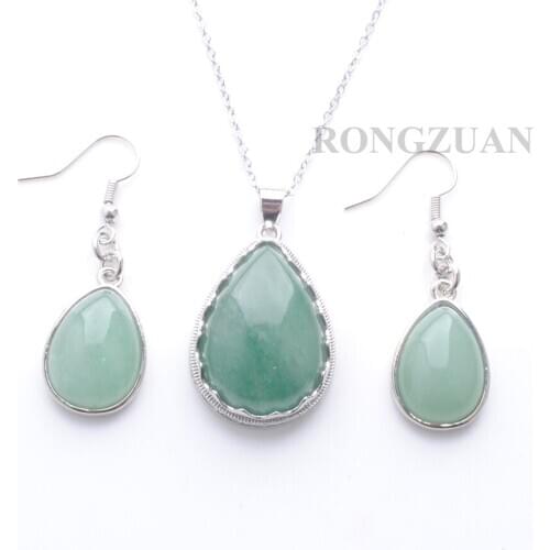 Women Classic Love Gift Summer Beach Jewelry Set Aventurine Stone Pendant Necklace Hook Dangle Drop Earring Chain 45cm TQ3090