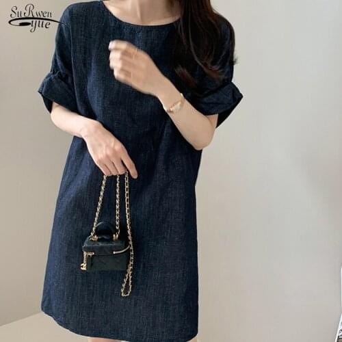 2021 Navy Blue O-neck Cotton Denim Dress for Women Korea Style Early Autumn Women Dress Vintage Elegant Dress Vestido Robe15669