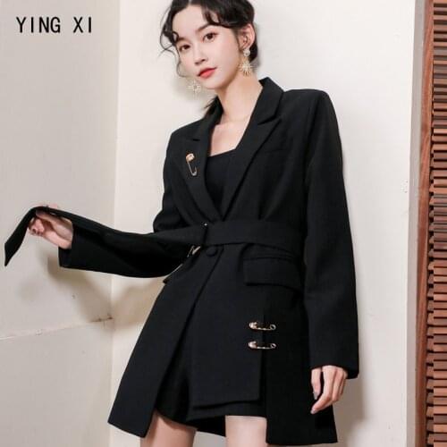 YING XI 2020 Spring Loose Black Solid Casual Long Sleeves Asymmetric Length With Belt Button Turn-down Collar WomenCoat
