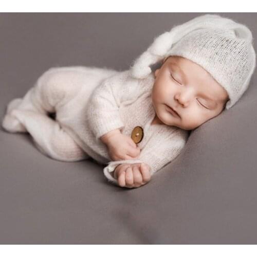 2 Pcs Mohair Baby Romper Hat Set Newborn Photography Props Knitted Wool Bodysuit