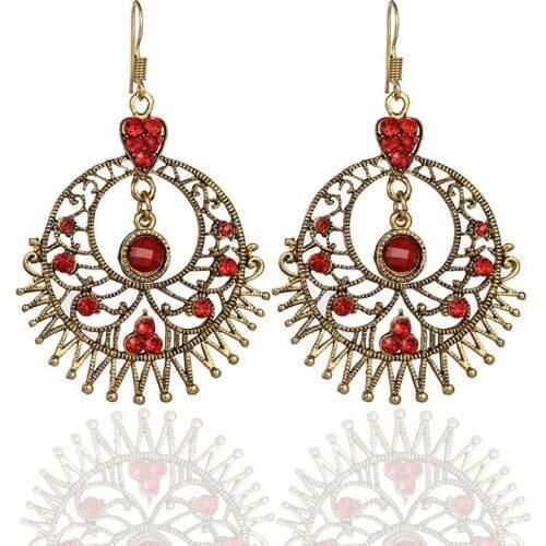 Boho Big Round Flower Gold Alloy Dangle Earrings For Women Indian Jewelry Vintage Red Crystal Drop Earrings