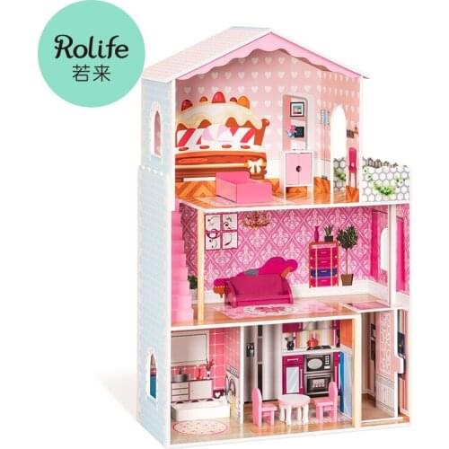 Robotime Rolife Big Wooden Dollhouse with Furniture Doll House Accessories for Girls Pink Princess Room for 2 3 4 5 6 Years Old