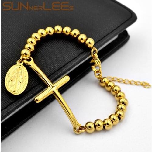 SUNNERLEES Stainless Steel ID Bracelet High Polished Jesus Christ Cross Charm Beads Link Chain Men Women Jewelry Gift SCB23
