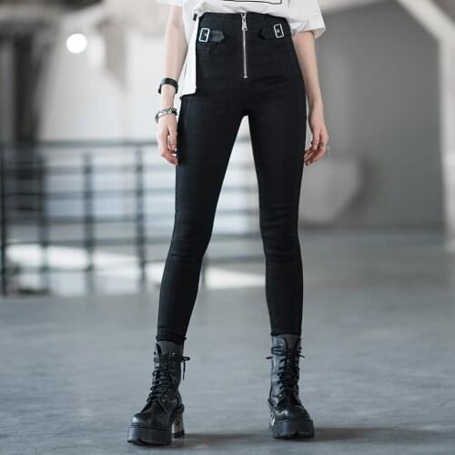 PUNKRAVE Women Punk High Waist Buckle with C/F Zipper Denim Trousers Chinese Style Slim Fit Casual Elastic Long Pants