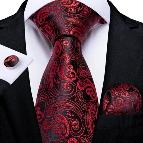 DiBanGu Designer Mens Necktie Red Wine Paisley Silk Wedding Tie For Men Tie Hanky Cufflink Set Business Party Dropshipping