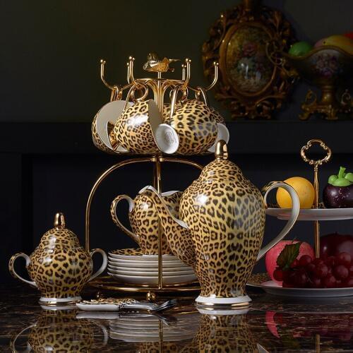 Leopard Print Bone China Coffee Set Luxury Porcelain Tea Set Advanced Pot Cup Ceramic Mug Sugar Bowl Creamer Teapot Drinkware
