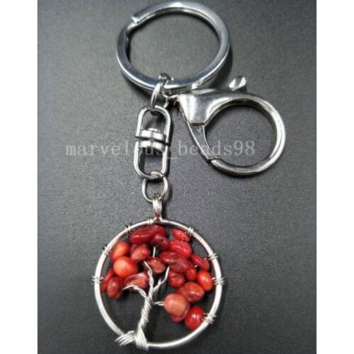 Free Shipping Beautiful jewelry Tree of life - Red Coral Wire Wrap Round Key Chain Hang Pendant bag MC5063