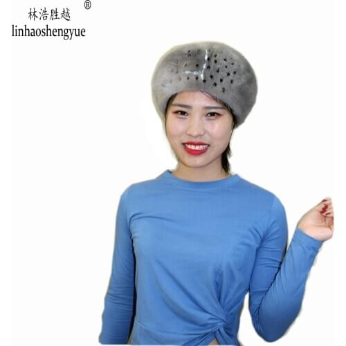 Linhaoshengyue Thicken Warm Fashion Real Fur Mink Hat Octagonal Fur Cap