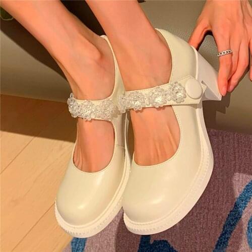 Mary Janes Womens Cow Leather Ankle Boots Beads Strap Party Pumps Cuban Heel Lace Up Round Toe Oxfords 34 35 36 37 38 39 40