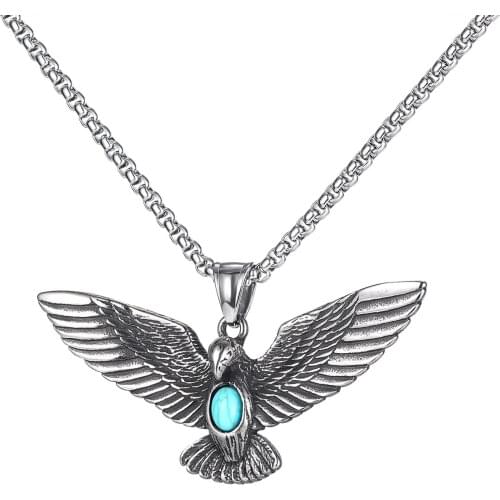 Fashion Stainless Steel Flying Eagle Blue Stone Mens Pendant Necklaces Punk Rock E girl Streetwear Hippie Jewellery Accessories