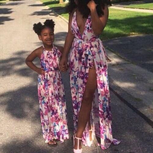 Family Look Outfits Deep V-neck Mother Daughter Dresses Summer Sleeveless High Split Dress Mommy and Me Family Matching Clothes