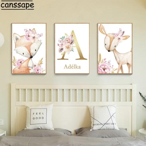 Fox Deer Animal Canvas Painting Girls Custom Name Poster Nursery Wall Art Print Pink Flower Wall Pictures Baby Room Decoration