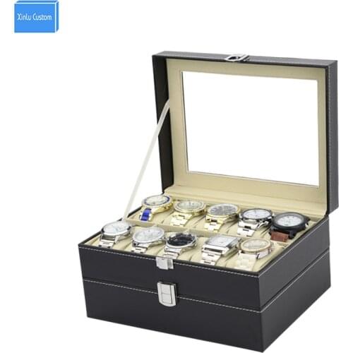 New Black Double Layer Lock Dispaly Storage Case Box Window Sunglass Black Sew Leather Gift for Men/Women Collect Box WBG1096