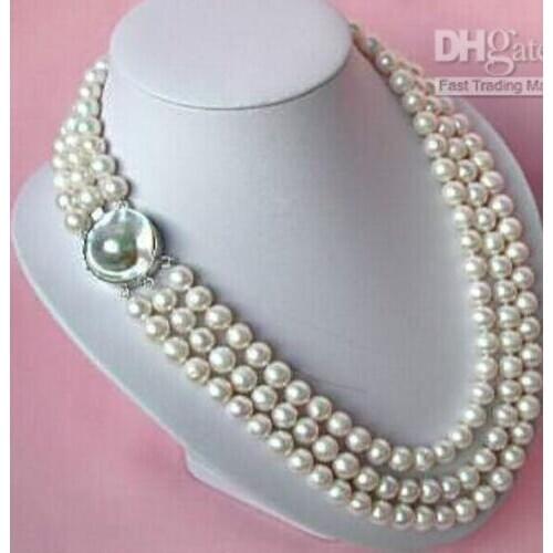 Triple strands 8-9mm south seas white pearl necklace 18-22inch>>> free shipping