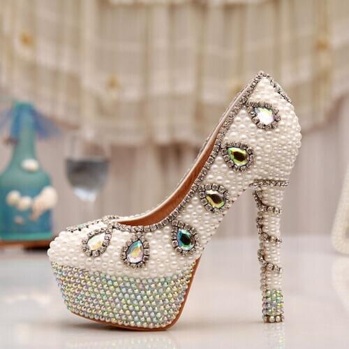 14cm High Heel Rhinestone Platform Bridal Dress White Pearl Wedding Dress Shoes AB Crystal Heel Pumps Party Prom Shoes
