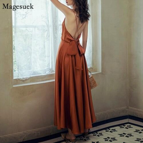 V-Neck Woman Evening Party Dress 2021 Backless Spaghetti Strap Sexy Dress Women Satin Bow Solid Summer Dresses Vestidos 13453