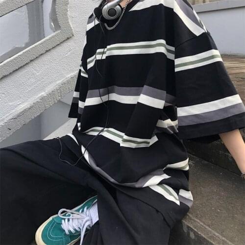 Summer Women T-Shirt Stripe Print Short Sleeve Tshirt Harajuku Vintage Oversized T-shirts Top Female Tee Punk Clothes Hip Hop