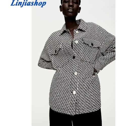 Women 2021 Fashion With Pockets Oversized Tweed Jacket Coat Vintage Long Sleeve Button-up Female Outerwear Chic Tops