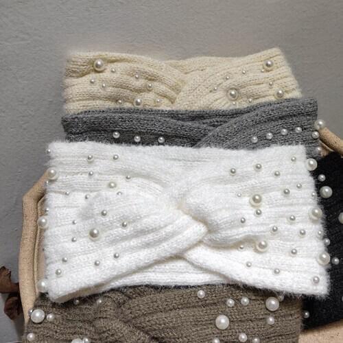 Winter Warm Women Pearls Headband Woolen Knitted Wide Side Hair Band Solid Color Hairband Headwear 2020 Fashion Hair Accessories