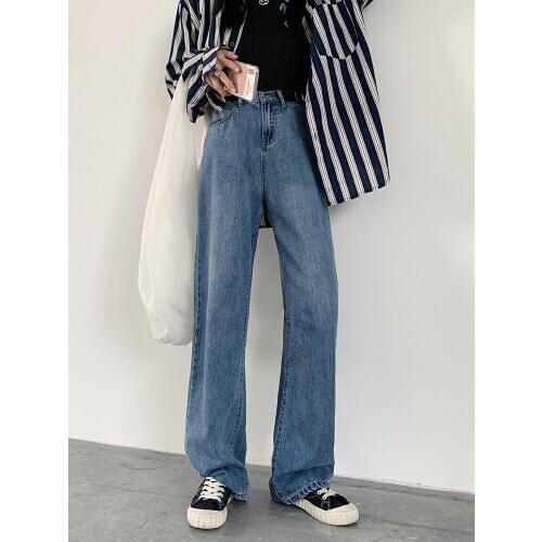 Womens jeans 2020 autumn new straight-breasted jeans fashion slim drape mopping trousers denim wide-leg pants women