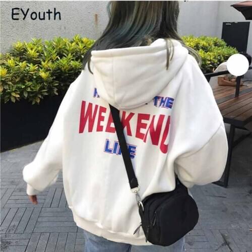 Hoodies Women Letter Printed Loose Hooded Trendy Pockets Plus Velvet Sweatshirts Womens Korean Style Harajuku All-match Chic