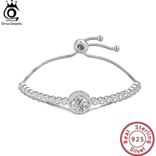 ORSA JEWELS Classic Womens Jewelry 925 Silver Adjustable Bracelet Bangle Charms with 4A Zircon Crystal Jewelry Wholesale OSB75