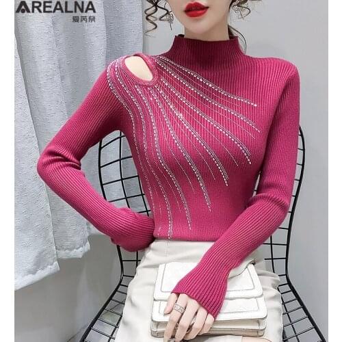 2021 spring Fashion Sweet Knitted Sweater Women Korean Off shoulder Diamond sexy woman sweaters Long Sleeve pull femme hiver