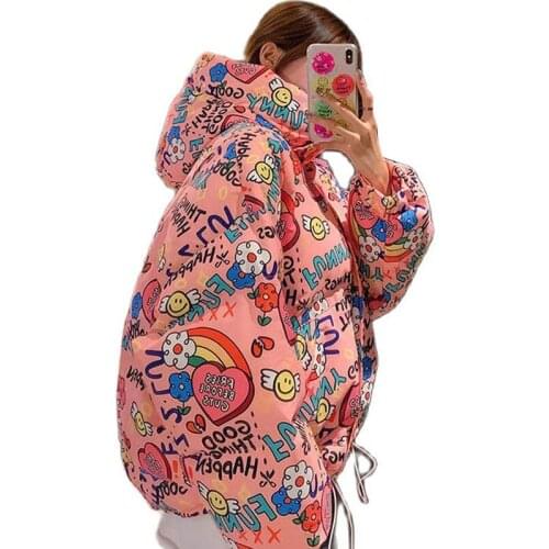 Winter Womens Short Coat Girl 2021 90% White Duck Down Puffy Jacket Women Printed Plus Size Loose Parkas Hooded Thick Warm Top