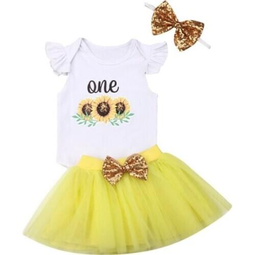 Toddler Girl Clothes Newborn Kids Baby Girl Outfits Clothes Tops Ruffles Sleeve Bodysuit+Tutu Skirts 3pcs Sets