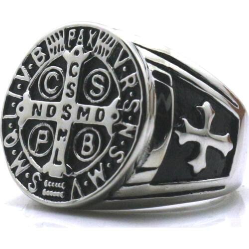 CSPB CSSML NDSMD Unisex 316L Stainless Steel Saint Benedict of Nursia Catholic Church Christianity Jesus Exorcism Ring