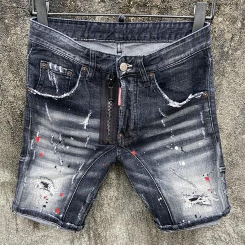 Summer New Dsquared2 Denim Shorts Mens Fashion Self-Cultivation Washed Hole Patch Paint Black Five-Point Pants