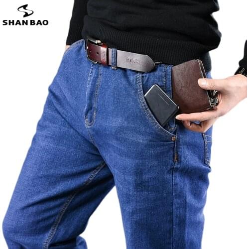 SHAN BAO 44 46 48 50 plus size mens straight loose jeans autumn brand clothing creative anti-theft zipper pocket casual jeans