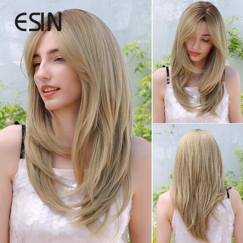 Esin 24 Inches Long Wavy Wigs for Women Dark Brown Highlights Synthetic Wig with Free Hairnet Natural Full Hair Heat Resistant