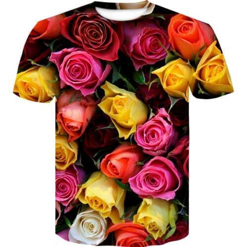 3D flower red rose printing womens T-shirt fashion O collar short sleeve shirt clothing brand fitness mens womens T-shirt