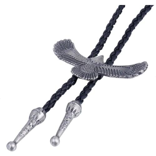 Mens Womens Man-made Leather Pendant Necklace Unisex Silver Eagle Black Cord Dance Rodeo Bola Bolo Tie Adjustable LUN74