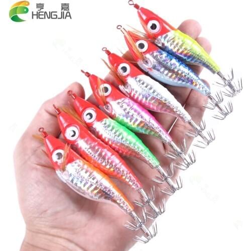 HENGJIA 9g 10cm Bionic Bait Luminous Squid Jig Lures flash Light Night Fishing hook Wood Shrimp Bass Bait tackle