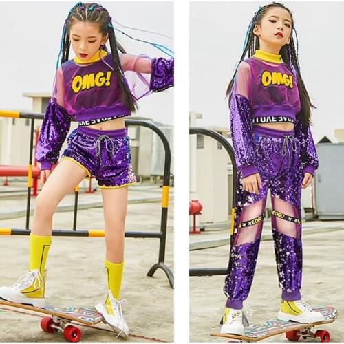 New Fashion Sequin Child Jazz Long Sleeve Top And Short Pant Set Party Dance Costume
