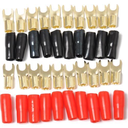 Copper Gold Plated 8 GA Strip Spade Fork Adapters Connectors Plugs Crimp Barrier Spades For Speaker Wire Cable Terminal Plug