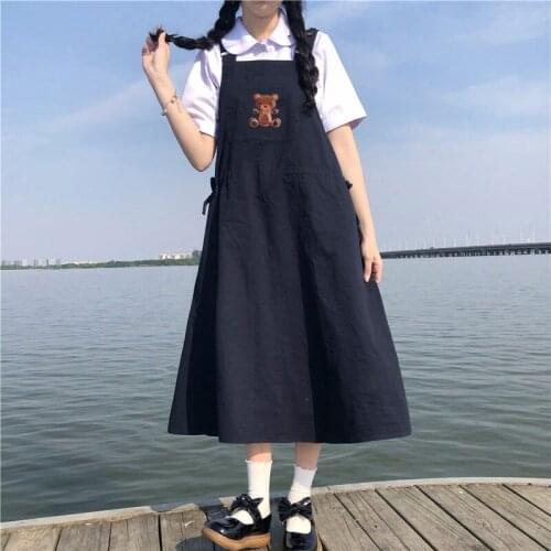 Japanese Cute Embroidered Strap Dress WomenS Doll Collar Shirt Tops 2021 Summer New Kawaii Girl Sleeveless Suspender Dresses