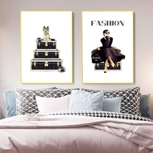 Fashion Wall Art Print Dog and Trunk Luggage Canvas Painting Elegant Women Girl Photo Poster Wall Pictures for Living Room Decor