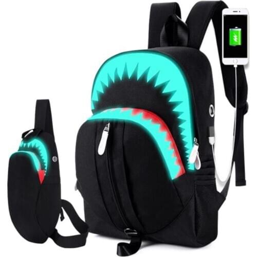 Fashion Luminous Student School Bags USB Charging Mens Shark School Backpacks Chest Bag Teenager Boy Girls Travel Women Mochila