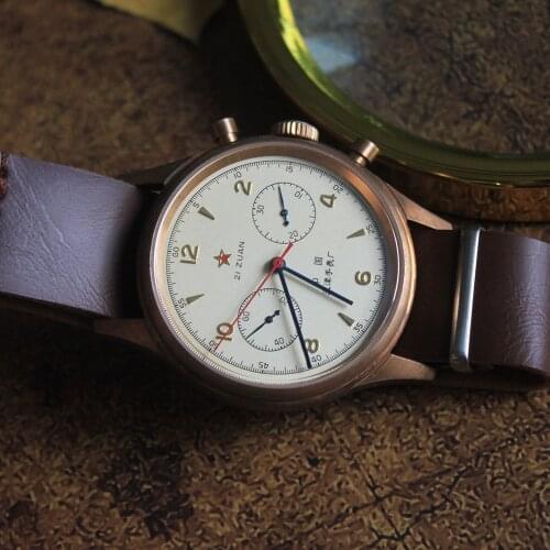 1963 Bronze Chronograph Watches Men Pilot 40mm St1901 Hand Wind Mechanical Watch Vintage Air Force Wristwatches Sapphire Leather