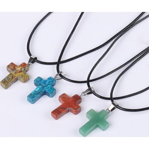 Natural Stone Tiger Eye Stone Rose Quartz Crystal Cross Pendant Mixed Colors with Pendant Cross Pendant Neckle Jewelry
