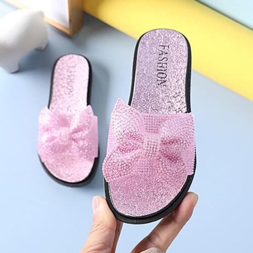 2021 Newest Princess Pink Bowknot Girls Slippers Diamonds Bling Children Sliders Soft Light Cheap Baby Mules