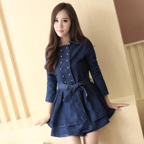 New Korean Version Women Jeans Dress Spring Womens Long Sleeved Turn Down Collar Mid-length A Line with Sashes Denim Dress